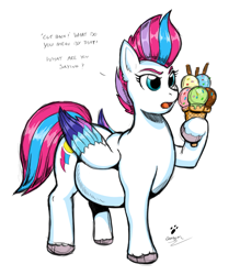 Size: 1279x1458 | Tagged: safe, artist:duragan, derpibooru exclusive, zipp storm, pegasus, pony, g5, belly, chonk, chubby, colored wings, dialogue, fat, female, folded wings, food, hoof hold, ice cream, ice cream cone, implied weight gain, lidded eyes, looking at someone, mare, multicolored mane, multicolored tail, multicolored wings, offscreen character, plump, rough sketch, signature, simple background, solo, tail, talking, unshorn fetlocks, weight gain, white background, wings, zipp is a marshmallow, zipp slob