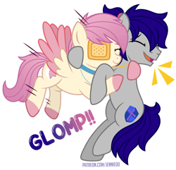 Size: 900x869 | Tagged: safe, artist:jennieoo, oc, oc:gentle star, oc:maverick, earth pony, pegasus, pony, eyepatch, friends, glomp, happy, hug, laughing, ponytail, show accurate, simple background, smiling, solo, spread wings, transparent background, wings