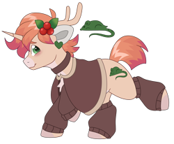 Size: 6094x5011 | Tagged: safe, artist:crazysketch101, pony, unicorn, antlers, cape, clothes, collar, ear piercing, earring, holly, jewelry, leg warmers, piercing, simple background, solo, transparent background