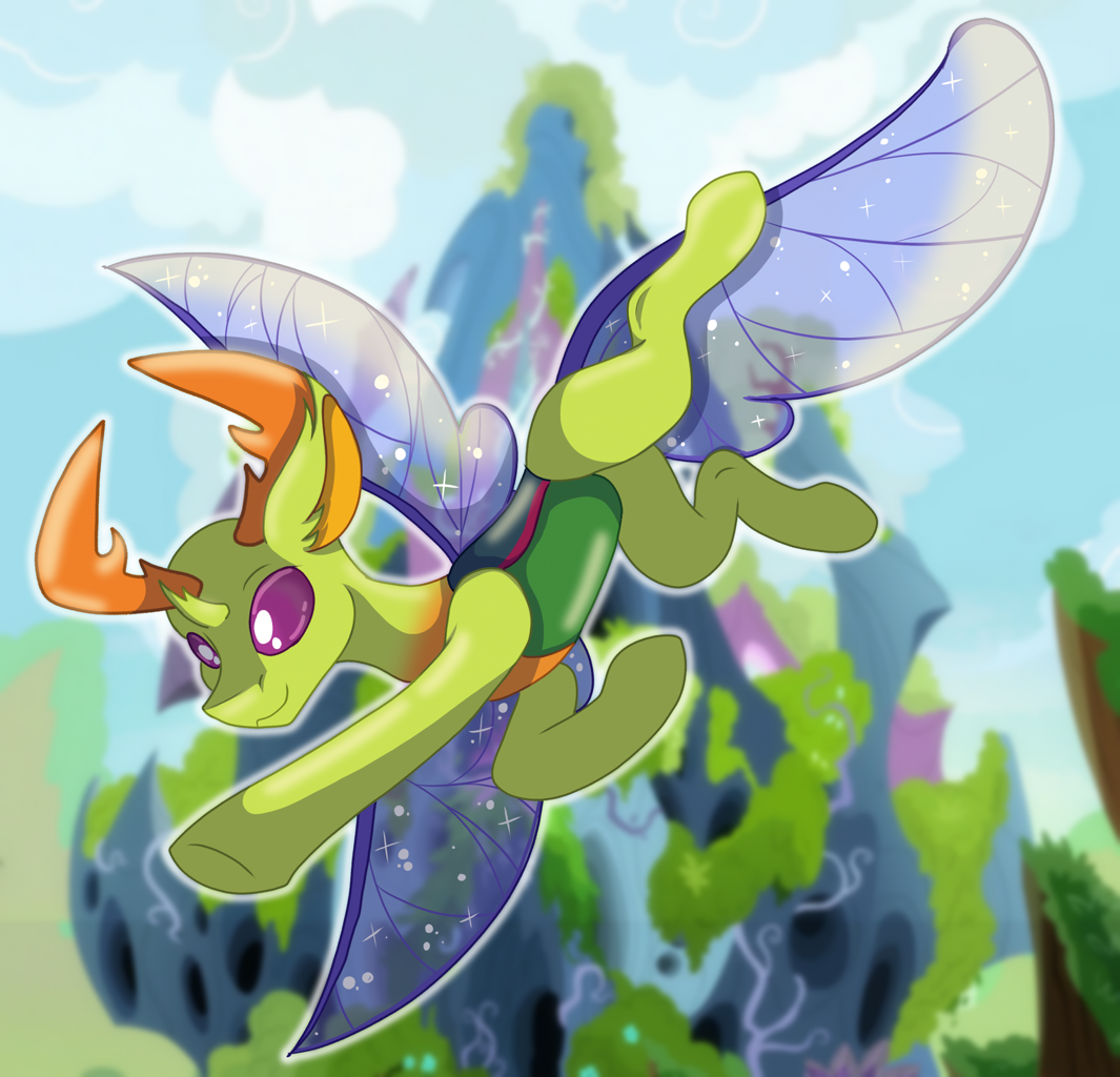 [changeling,changeling king,clothes,cloud,cute,digital art,flying,grass,high res,horn,horns,looking down,male,safe,see-through,sky,solo,sparkles,wings,changeling hive,changeling horn,transparent wings,purple eyes,smiling,spread wings,changeling kingdom,changeling wings,thorax,king thorax,changedling,artist:bryony6210]