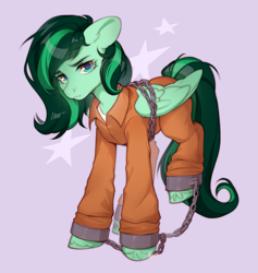Size: 1739x1832 | Tagged: safe, artist:fedos, oc, oc only, oc:eden shallowleaf, pony, bound wings, chained, chains, clothes, commissioner:rainbowdash69, cuffs, frustrated, jumpsuit, never doubt rainbowdash69's involvement, prison outfit, prisoner, shackles, shirt, solo, undershirt, wings