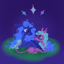 Size: 1280x1290 | Tagged: safe, artist:webkinzworldz, idw, princess luna, radiant hope, alicorn, pony, g4, alternate design, blushing, crack shipping, duo, fangs, female, lesbian, looking at each other, looking at someone, lunahope, lying down, lying in grass, shipping