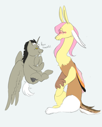 Size: 1185x1476 | Tagged: safe, artist:vilesmell, discord, fluttershy, alicorn, draconequus, pony, g4, blushing, draconequified, female, flirting, flutterequus, male, ponified, pony discord, role reversal, ship:discoshy, shipping, species swap, straight
