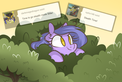 Size: 1280x854 | Tagged: safe, artist:lolepopenon, oc, oc:billie, earth pony, pony, ask billie the kid, ask, hiding in bushes, solo