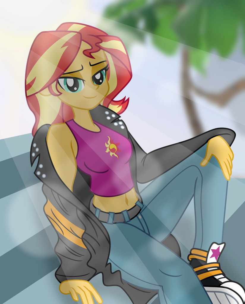 [bench,clothes,crepuscular rays,equestria girls,female,high res,jacket,looking at you,pants,safe,sitting,solo,tanktop,sunset shimmer,smiling,artist:emeraldblast63,absurd resolution,blurry background,artist:patanu]