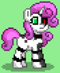 Size: 528x636 | Tagged: safe, sweetie belle, pony, robot, robot pony, unicorn, pony town, g4, damaged, destabilize, green background, simple background, solo, sweetie bot