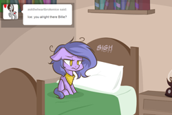 Size: 1280x854 | Tagged: safe, artist:lolepopenon, oc, oc:billie, earth pony, pony, ask billie the kid, ask, bed, bookshelf, pillow, solo