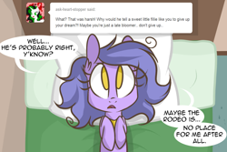 Size: 1280x854 | Tagged: safe, artist:lolepopenon, oc, oc:billie, earth pony, pony, ask billie the kid, ask, bed, pillow, solo