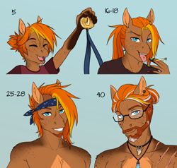 Size: 2478x2359 | Tagged: safe, artist:askbubblelee, oc, oc only, oc:singe, pegasus, anthro, age progression, bandana, choker, cigarette, clothes, colt, eyebrow piercing, eyes closed, foal, freckles, glasses, grey hair, high res, jewelry, male, man bun, medal, necklace, older, open mouth, partial nudity, piercing, ponytail, scar, shark teeth, teenager, tongue out, tongue piercing, topless