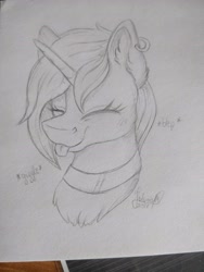 Size: 3456x4608 | Tagged: safe, artist:julunis14, oc, oc only, oc:ion trail, pony, unicorn, :p, ear fluff, ear piercing, earring, female, giggling, happy, horn, jewelry, mare, no source available, piercing, signature, tongue out, traditional art, unicorn oc