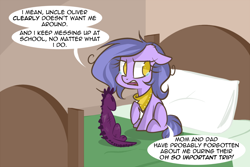 Size: 1280x854 | Tagged: safe, artist:lolepopenon, oc, oc:billie, earth pony, pony, ask billie the kid, ask, bed, pillow, plushie, solo, teary eyes