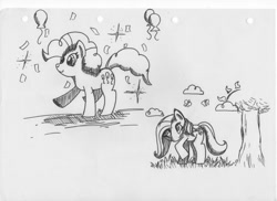 Size: 1280x930 | Tagged: safe, artist:derpydooreviews, fluttershy, pinkie pie, butterfly, earth pony, pegasus, pony, g4, balloon, cloud, confetti, duo, duo female, female, grayscale, mare, monochrome, outdoors, raised hoof, smiling, sparkles, tail, traditional art