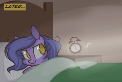 Size: 1280x854 | Tagged: safe, artist:lolepopenon, oc, oc:billie, earth pony, pony, ask billie the kid, alarm clock, ask, bed, clock, in bed, solo