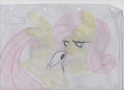 Size: 1280x930 | Tagged: safe, artist:derpydooreviews, fluttershy, pegasus, pony, rabbit, g4, animal, female, lidded eyes, lying down, mare, prone, smiling, tail, traditional art, underhoof, wings