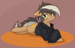 Size: 2164x1402 | Tagged: safe, artist:modularpon, oc, oc only, earth pony, pony, abstract background, clothes, commission, crossed legs, cute, earth pony oc, hoodie, lying down, smiling, solo