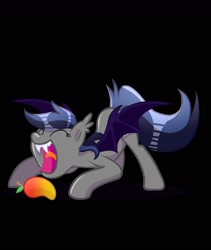 Size: 1440x1704 | Tagged: safe, artist:diniarvegafinahar, oc, oc only, oc:echo, bat pony, pony, black background, eyes closed, fangs, female, food, herbivore, mango, mare, open mouth, simple background, solo, tongue out