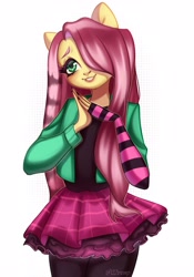 Size: 2328x3333 | Tagged: safe, artist:02vxmp, artist:minchyseok, fluttershy, anthro, dtiys emoflat, g4, clothes, draw this in your style, female, hair over one eye, high res, simple background, skirt, solo, white background