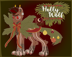 Size: 2402x1906 | Tagged: safe, artist:medkit, oc, oc only, oc:airo, earth pony, hybrid, original species, pony, wolf, accessory, adoptable, big eyes, bow, branches, candle, chest fluff, christmas, christmas ball, christmas tree, christmas tree toys, claws, coat markings, colored lineart, colored paws, digital art, ear fluff, ear piercing, earring, earth pony oc, eyebrows, eyes open, facial markings, fir branch, fir tree, fire, fluffy, fur, gradient background, high res, holiday, jewelry, long tail, male, multicolored coat, old art, paw pads, paws, piercing, ponified, red eyes, reference sheet, ribbon, short mane, signature, slit pupils, smiling, solo, stallion, standing, striped, tail, thick eyebrows, title, tree, two toned mane, wall of tags, wick