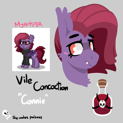 Size: 1500x1500 | Tagged: safe, artist:myahster, oc, oc only, oc:vileconcoction, bat pony, pony, pony town, bust, chest fluff, cutie mark, ear fluff, fangs, no pupils, potion, reference sheet, solo