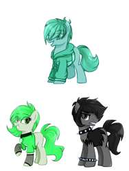 Size: 768x1024 | Tagged: safe, artist:diniarvegafinahar, part of a set, earth pony, pony, alphabet lore, angry, choker, clothes, collar, d, e, f, female, jacket, male, mare, raised hoof, rule 63, simple background, smiling, spiked choker, spiked wristband, stallion, transparent background, trio, wristband