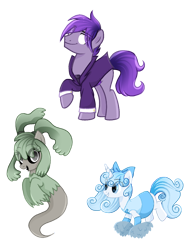 Size: 1631x2174 | Tagged: safe, artist:diniarvegafinahar, part of a set, earth pony, ghost, ghost pony, pony, unicorn, alphabet lore, bow, clothes, female, g, h, i, looking at you, male, mare, open mouth, pigtails, pom pom, raised hoof, rule 63, skirt, stallion, topwear, trio