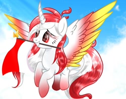 Size: 1508x1187 | Tagged: safe, artist:diniarvegafinahar, oc, oc only, oc:indonisty, alicorn, pony, cloud, colored wings, curved horn, female, flag, gradient hooves, gradient wings, horn, indonesia, mare, mouth hold, nation ponies, ponified, sky, smiling, solo, wings