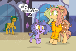 Size: 1280x854 | Tagged: safe, artist:lolepopenon, oc, oc:billie, earth pony, pegasus, pony, unicorn, ask billie the kid, ask, clothes, glasses, skipping, skirt, trio, watch