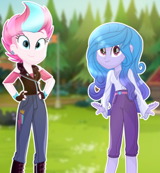 Size: 2664x2892 | Tagged: safe, artist:diniarvegafinahar, izzy moonbow, zipp storm, human, equestria girls, g4, g5, boots, clothes, duo, duo female, ear piercing, earring, equestria girls-ified, female, g5 to equestria girls, g5 to g4, generation leap, gradient hair, grass, high res, jewelry, long sleeved shirt, long sleeves, looking at you, pants, piercing, shirt, shoes, tree