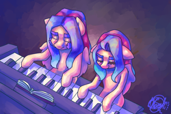 Size: 1650x1100 | Tagged: safe, artist:mannybcadavera, oc, oc:sashenka, oc:sigvard, pegasus, pony, abstract background, duet, keyboard, musical instrument, piano, playing instrument, rule 63, sheet music, signature