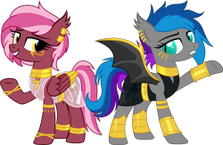 Size: 5161x3357 | Tagged: safe, artist:bnau, derpibooru exclusive, oc, oc only, oc:lyssa, oc:zeny, bat pony, pegasus, pony, ankh, anklet, armlet, base used, bracelet, bracer, clothes, collar, cute, cute little fangs, dress, duo, duo female, ear fluff, ear piercing, egyptian, egyptian pony, eye of horus, face paint, fangs, female, gold, jewelry, mare, necklace, peytral, piercing, raised hoof, see-through, show accurate, siblings, simple background, sisters, spread wings, transparent background, wing jewelry, wings