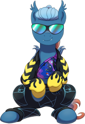 Size: 1100x1600 | Tagged: safe, alternate version, artist:crystalightx, princess luna, oc, oc only, oc:nightforce, bat pony, pony, bag, bat flex, bat pony oc, claws, clothes, ear tufts, fangs, female, glasses, golden ratio, mare, ponybooru collab 2022, ponytail, shoulder bag, simple background, smiling, solo, tattoo, tracksuit, transparent background, wing claws, wings