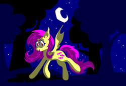 Size: 1296x886 | Tagged: safe, artist:msponies, fluttershy, bat pony, pony, g4, bat ponified, crescent moon, fangs, female, flutterbat, looking at you, mare, moon, ms paint, night, open mouth, open smile, outdoors, race swap, smiling, solo, spread wings, starry night, tree, wings