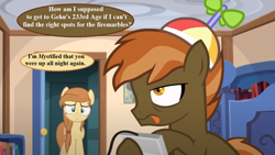 Size: 1280x721 | Tagged: safe, artist:jan, edit, button mash, oc, oc:cream heart, earth pony, pony, g4, bookshelf, colt, cream heart is not amused, dialogue, duo, female, foal, hat, male, mare, mother and child, mother and son, myst, propeller hat, pun, riven, speech bubble, this will end in grounding, tired, tongue out, unamused, up all night