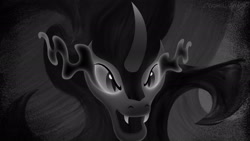 Size: 2489x1400 | Tagged: safe, alternate version, artist:crystalightx, derpibooru exclusive, king sombra, pony, umbrum, unicorn, g4, black and white, fangs, glowing, glowing eyes, grayscale, horn, male, monochrome, shadow, solo