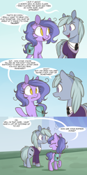 Size: 1280x2562 | Tagged: safe, artist:lolepopenon, oc, oc:billie, oc:blue strings, earth pony, pony, ask billie the kid, ask, bag, clothes, comic, duo, saddle bag, school uniform