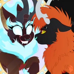 Size: 1280x1280 | Tagged: safe, artist:sparkplugthefox, oc, kirin, nirik, black background, blue fire, blue mane, chest fluff, ear fluff, evil smile, fangs, fluffy, grin, leg fluff, looking at each other, looking at someone, sharp teeth, simple background, smiling, teeth, tired, white eyes