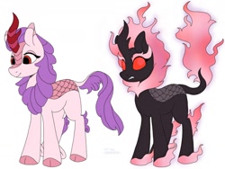 Size: 1280x960 | Tagged: safe, artist:smallhorses, oc, kirin, nirik, burning, chest fluff, cloven hooves, fire, fluffy, kirin oc, mane of fire, purple mane, red eyes, red eyes take warning, scales, sharp teeth, simple background, smiling, tail, tail of fire, teeth, white background