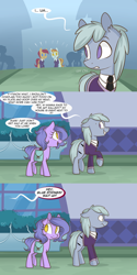 Size: 1280x2562 | Tagged: safe, artist:lolepopenon, oc, oc:billie, oc:blue strings, earth pony, pony, ask billie the kid, ask, bag, clothes, comic, duo focus, saddle bag, school uniform