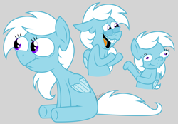Size: 1872x1300 | Tagged: safe, artist:feather_bloom, oc, oc:feather bloom(fb), oc:feather_bloom, pegasus, pony, .mov, derp, gray background, pony oc, silly, simple background, sitting, solo, style emulation, wide eyes