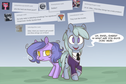 Size: 1280x854 | Tagged: safe, artist:lolepopenon, oc, oc:billie, oc:blue strings, earth pony, pony, ask billie the kid, ask, bag, clothes, duo, saddle bag, school uniform