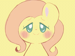 Size: 800x596 | Tagged: safe, artist:typhwosion, fluttershy, pegasus, pony, g4, animated, blushing, cute, eyes closed, gif, kissing, looking at you, looking away, shyabetes, simple background, solo, yellow background