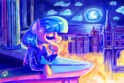 Size: 3600x2400 | Tagged: safe, artist:mannybcadavera, coco pommel, earth pony, pony, g4, city, cloud, eyes closed, high res, moon, night, scenery, signature, solo