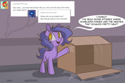 Size: 1280x854 | Tagged: safe, artist:lolepopenon, oc, oc:billie, earth pony, pony, ask billie the kid, ask, box, solo