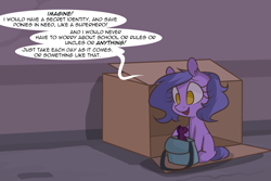 Size: 1280x854 | Tagged: safe, artist:lolepopenon, oc, oc:billie, earth pony, pony, ask billie the kid, ask, bag, box, plushie, saddle bag, solo