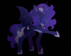 Size: 1080x859 | Tagged: safe, alternate version, artist:mmichelleartss, princess luna, alicorn, pony, g4, bat wings, black background, eyes closed, horn, horn jewelry, jewelry, raised hoof, simple background, solo, wings