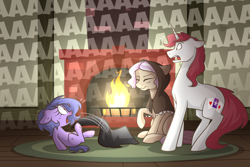 Size: 1280x854 | Tagged: safe, artist:lolepopenon, oc, oc:billie, oc:gimmick, oc:needlework, earth pony, pony, unicorn, ask billie the kid, aaaaaaaaaa, ask, comic, fireplace, trio