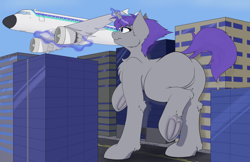 Size: 1280x830 | Tagged: safe, artist:thedigodragon, oc, oc:doc wagon, oc:switchblade, pony, airbus, airbus a320, aircraft, airline, butt, cheek fluff, chest fluff, city, cityscape, cracking, ear fluff, fluffy, frog (hoof), giant pony, hoofprints, leg fluff, levitation, macro, magic, micro, plane, plot, telekinesis, underhoof