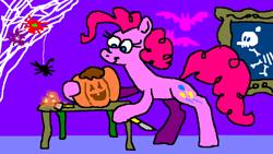 Size: 960x540 | Tagged: safe, artist:msponies, pinkie pie, bat, earth pony, pony, spider, g4, female, halloween, holiday, jack-o-lantern, knife, looking down, mare, ms paint, picture frame, pumpkin, smiling, spider web, table, tail