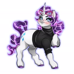 Size: 2048x2048 | Tagged: safe, artist:shinysolaria, pony, unicorn, clothes, glasses, high res, raised hoof, rarity's glasses, redesign, simple background, solo, turtleneck, white background