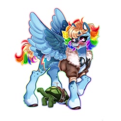 Size: 1080x1080 | Tagged: safe, artist:shinysolaria, rainbow dash, tank, pegasus, pony, tortoise, g4, bomber jacket, clothes, colored wings, duo, goggles, jacket, redesign, short mane, simple background, tail, tail feathers, two toned wings, white background, wings